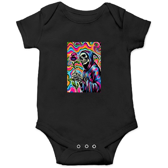 Psychedelic Grim Reaper Holding Sweet Pea Flower Onesies