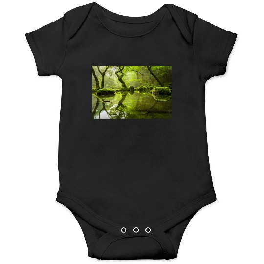Enchanted Forest Reflections in Tranquil Pond Onesies