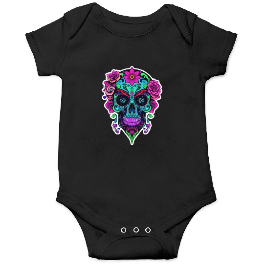 A vibrant and abstract sugar skull Calavera Onesies