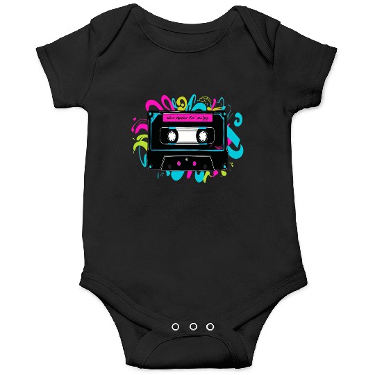 Retro Neon Cassette Tape with Vibrant Splash Onesies