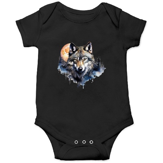 Wolf Portrait Under Full Moon Design Onesies