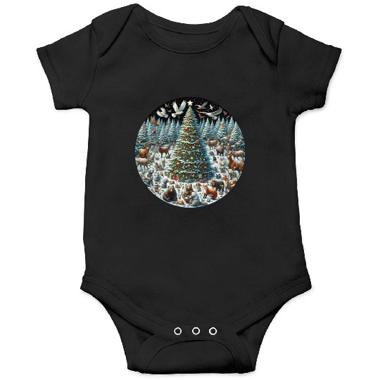 Snow-Dusted Christmas Tree with Woodland Animals Onesies