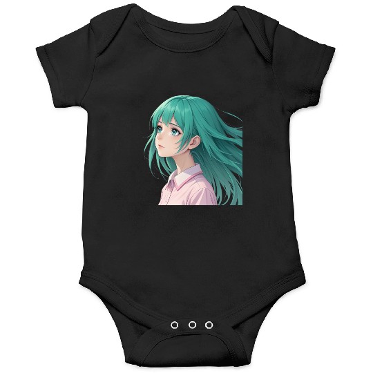 Teal Tresses: A Vision of Anime Serenity and Wonde Onesies