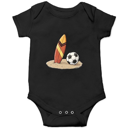 Surfboard and soccer ball in the sand Onesies