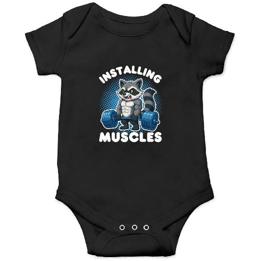Installing Muscles Funny Gym Raccoon Weightlifting Onesies