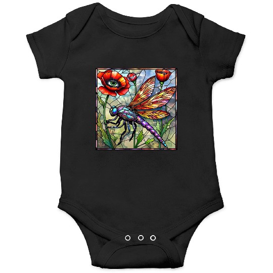 Dragonfly stained glass poppy flower insect eye Onesies