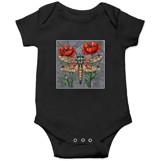 Dragonfly stained glass design vibrant poppy eye Onesies