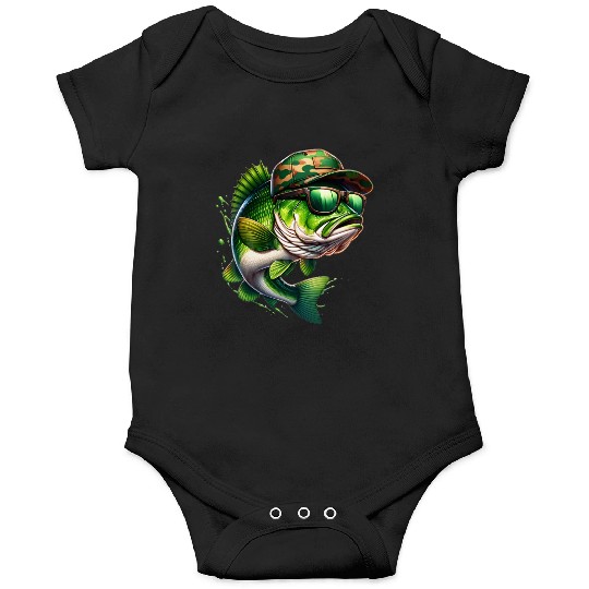 Camo Hat Bass Fish with Green Sunglasses Onesies
