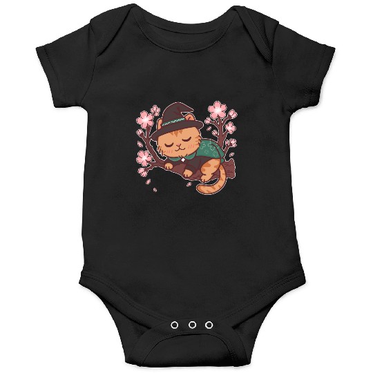 Whimsical Wizard Cat in Blooming Cherry Tree Onesies