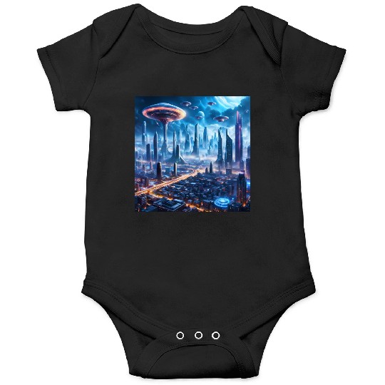 Cyberpunk World Cityscape with Alien Ufo Skies Onesies