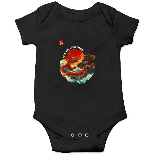 Japanese Dragon and Pagoda Sunset Art Onesies