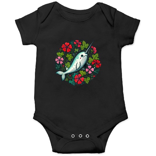 Whimsical Narwhal Amid Floral Bloom Onesies