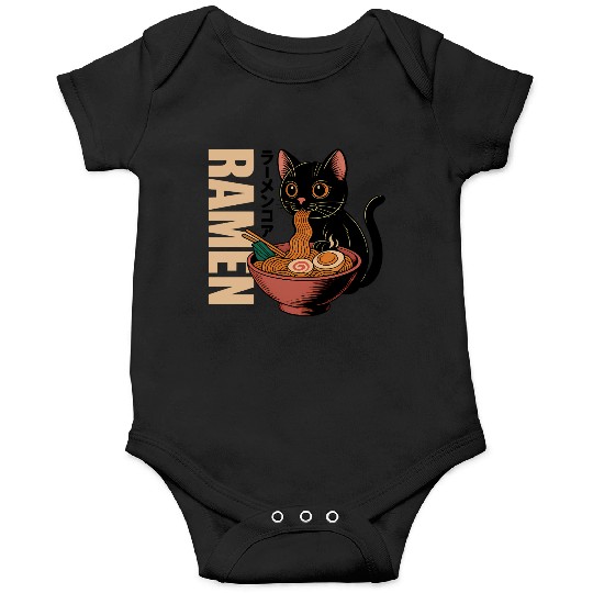 Black Cat Ramen Illustration Onesies