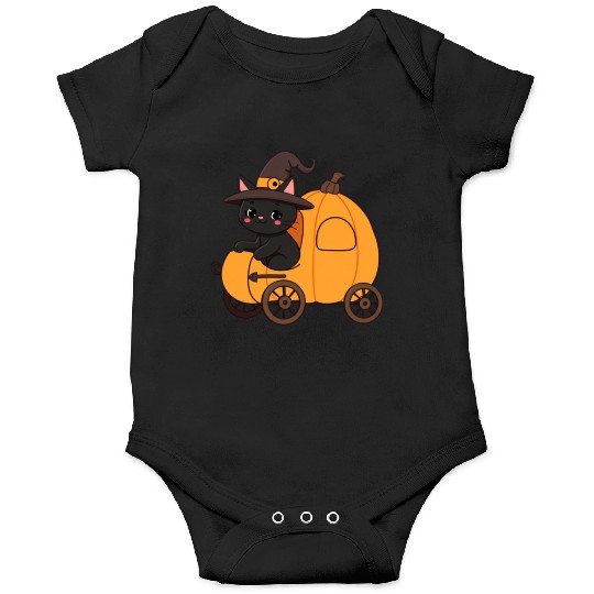 Black Cat in Witch Hat Halloween Design Onesies
