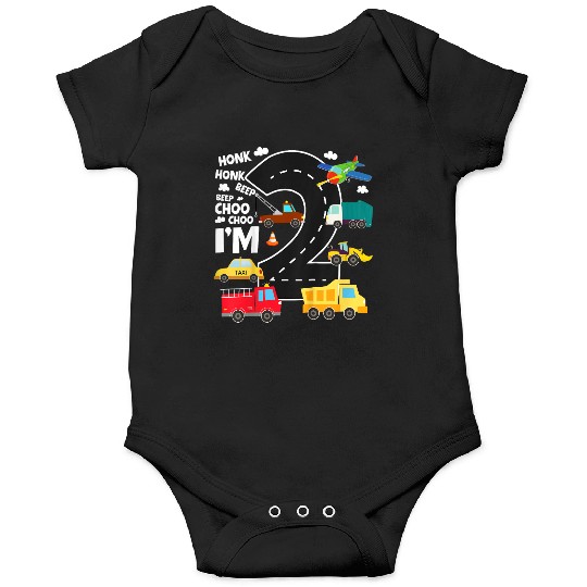 Kids Birthday 2 Traffic Vehicles Number Two Design Onesies