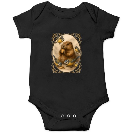 Marmot groundhog cute animal eating with birds Onesies
