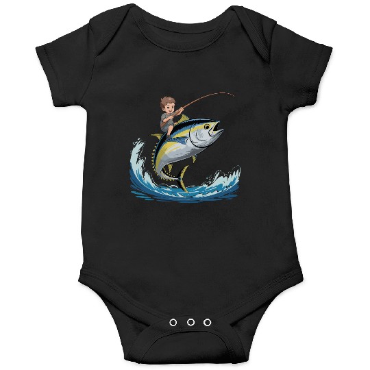 Joyful young boy rides massive jumping tuna Onesies