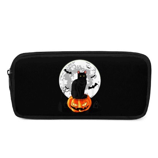 Black Cat On Pumpkin Pencil Cases Full Moon Halloween