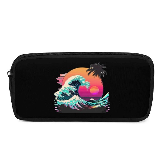 Vaperwave Aesthetic Glitch Great Wave Retrowave Sy Pencil Cases