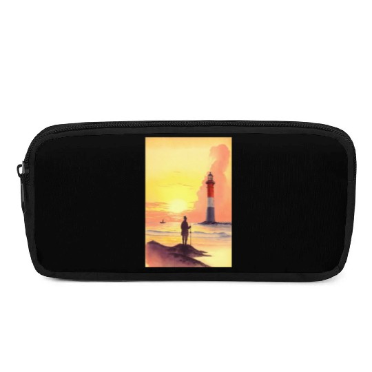 Serene Sunrise Beach Scene with Lighthouse and Fis Pencil Cases