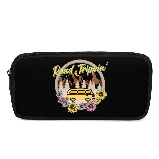 Retro Groovy Road Trip Pencil Cases with Van Flowers