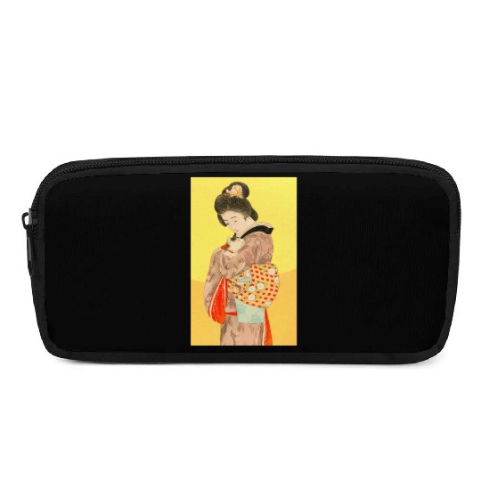 Geisha in Kimono with Cat Retro art Pencil Cases