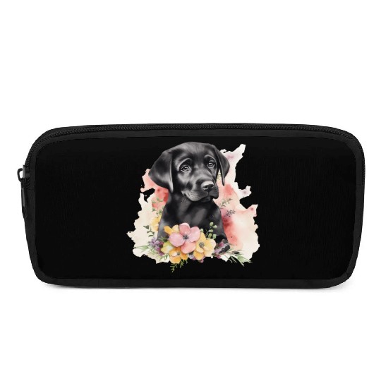 Black Lab Dog Watercolor Floral Pencil Cases