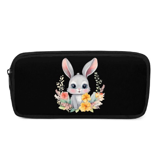 Grey Bunny Rabbit Watercolor Floral Pencil Cases