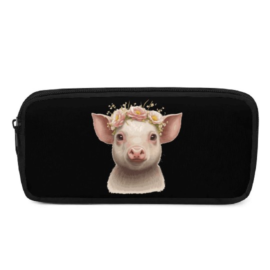 Cute Piglet Flower Crown Baby Pig Floral Farm Anim Pencil Cases