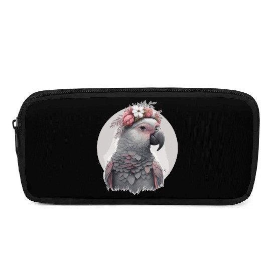 Cute Watercolor African Gray Parrot Bird Flower Cr Pencil Cases