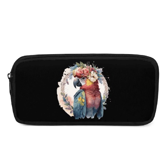 Watercolor Parrot Macaw Bird Flower Crown Pet Bird Pencil Cases
