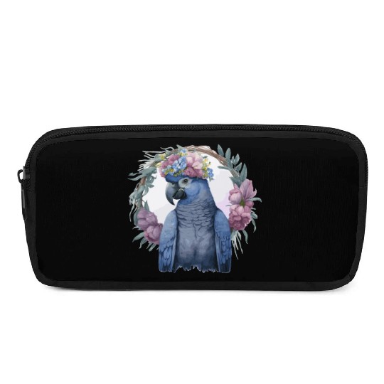 Watercolor Hyacinth Macaw Parrot Bird Flower Crown Pencil Cases