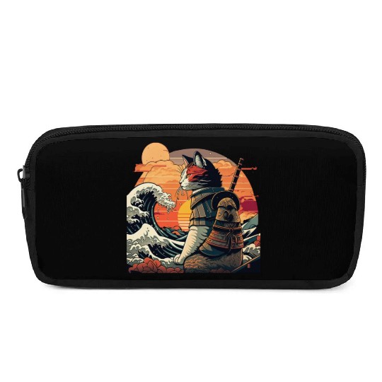 Retro samurai cat The Great Wave Hokusai Pencil Cases