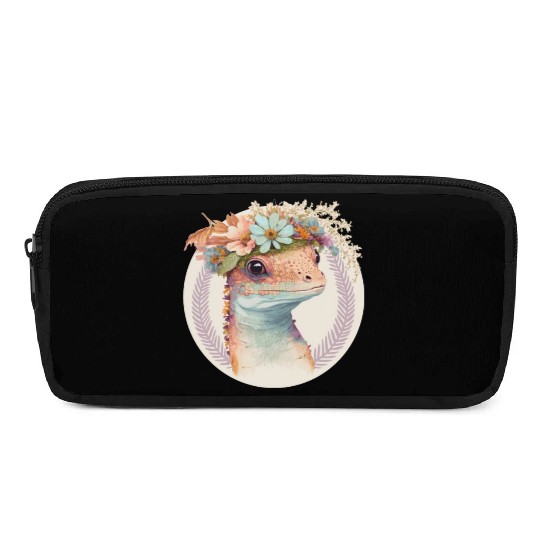 Cute Watercolor Gecko Reptile Flower Crown Boho Ae Pencil Cases