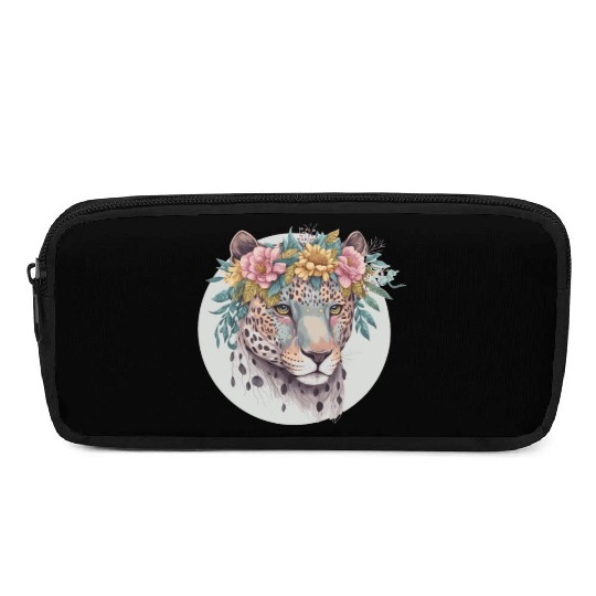 Floral Jaguar Flower Crown Watercolor Animal Pencil Cases