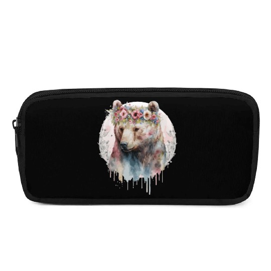 Artistic Watercolor Grizzly Bear Flower Crown Boho Pencil Cases