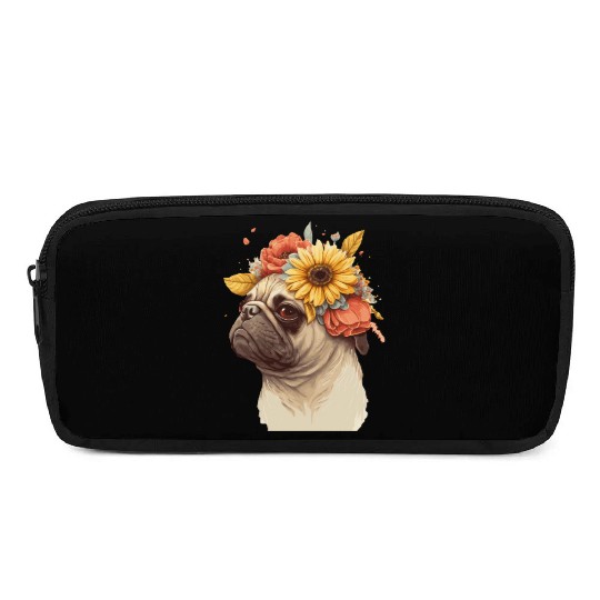 Cute Pug Flower Crown Pet Dog Breed Floral Puppy Pencil Cases