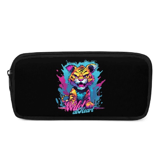 Vibrant Synthwave Sabertooth Tiger Graffiti Kids Pencil Cases