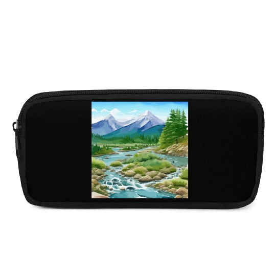Watercolor Mountain River Pencil Cases