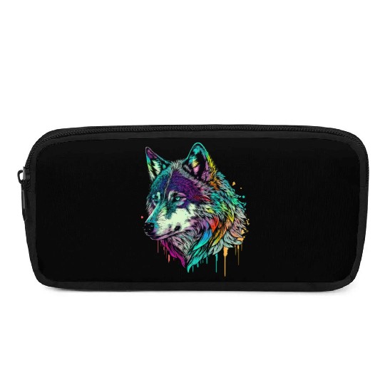 Vibrant Psychedelic Wolf Illustration Pencil Cases