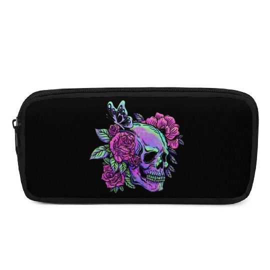 Skeleton Pencil Cases, Neon Skull Roses Gothic Skeleton
