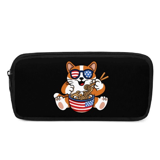 American Flag Cat Eating Ramen Food Lover Design Pencil Cases