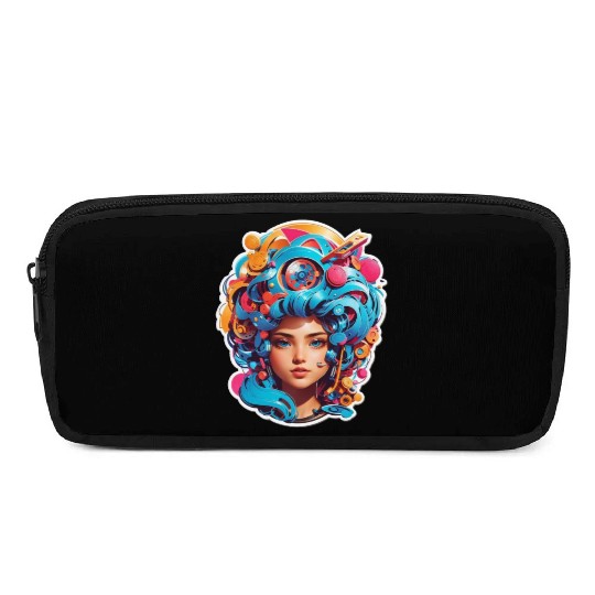 Psychedelic girl with multi color hair. futuristic Pencil Cases