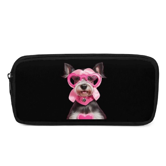 Schnauzer wearing Pink & Silver Heart Pencil Cases