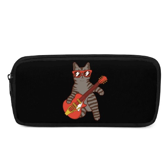 Rock Cat Playing Guitar - Funny Guitar Cat Pencil Cases