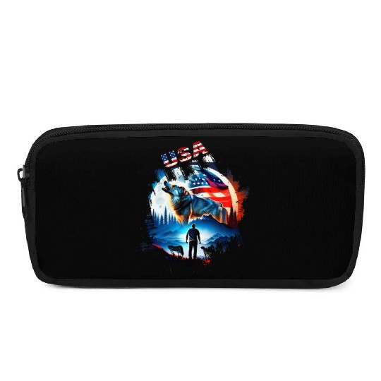 America wolf under Moon with American Flag Pencil Cases