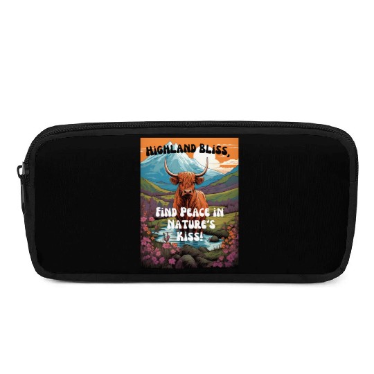Highland Cow Standing in a cartoon mountain landsc Pencil Cases