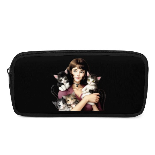 Pretty Cat Lady with Cute Kittens Pencil Cases