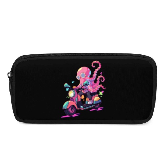 Octopus Riding Scooter Funny Motor Biker Moped Pencil Cases