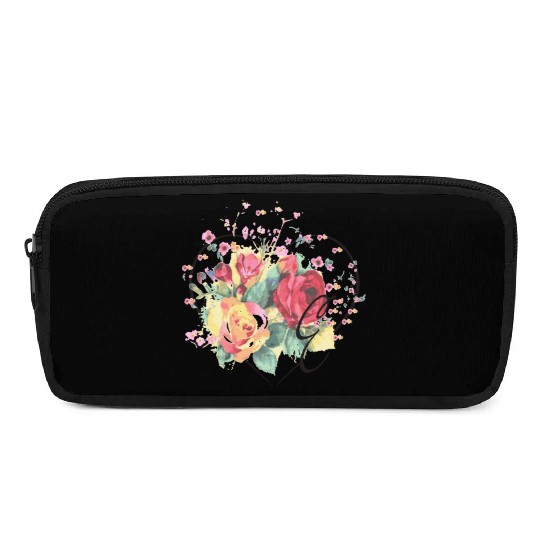 Letter E Monogram Floral Roses Heart Pencil Cases